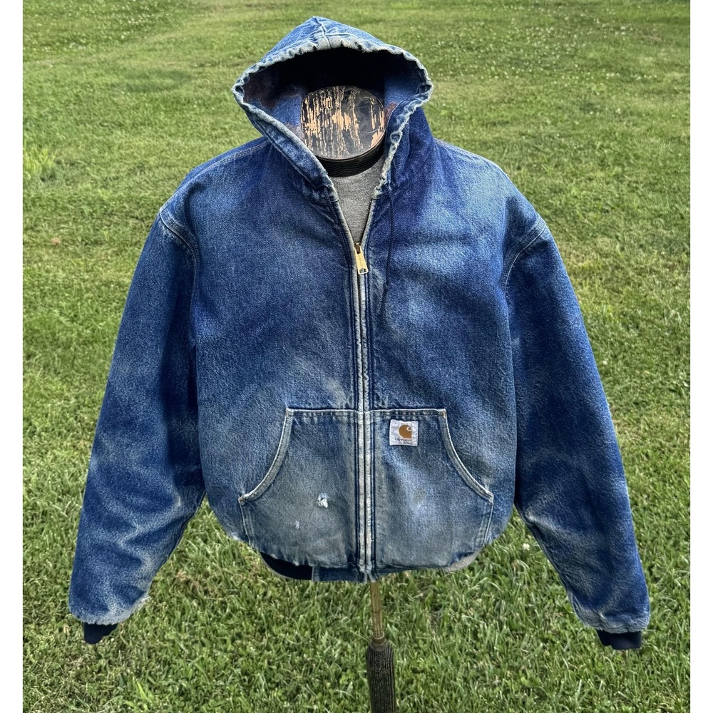 Carhartt Mens Blue Denim Hooded Blanket Lined Bomber Western Work Jacket L-XL